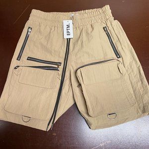 Eptm Mens Khaki Flat Front Elastic Waist Contrast Zipper Pockets Cargo Shorts 30